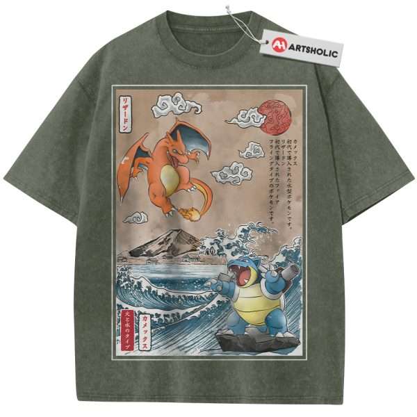 Charizard vs Blastoise Shirt, Pokemon shirt, Anime Shirt, Vintage T-Shirt - Army Green, M