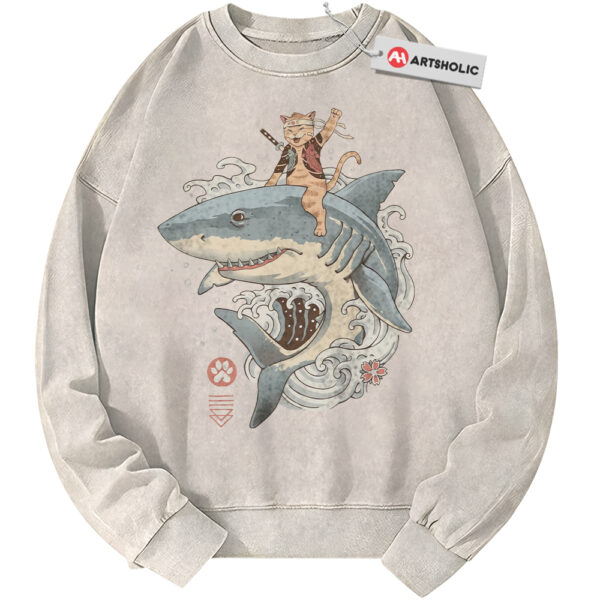 Samurai Cat Shark Sweatshirt, Japanese Streetwear Sweatshirt, Vintage Sweater