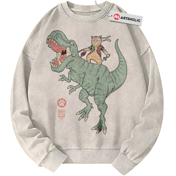 Samurai Cat Dinosaur Sweatshirt, Japanese Streetwear Sweatshirt, Vintage Sweater