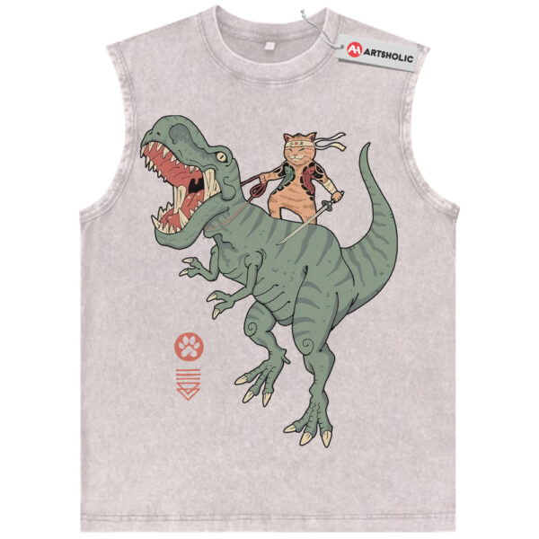 Samurai Cat Dinosaur Tank Top, Japanese Streetwear Tank Top, Vintage Tank Top