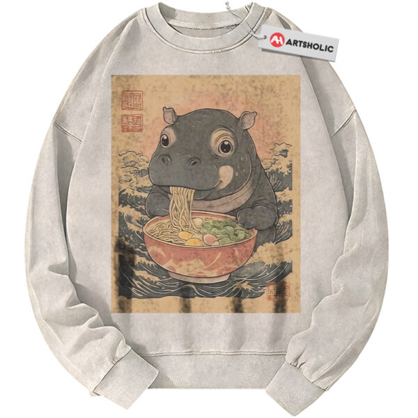 Ramen Hippo Sweatshirt, Japanese Streetwear Sweatshirt, Vintage Sweater